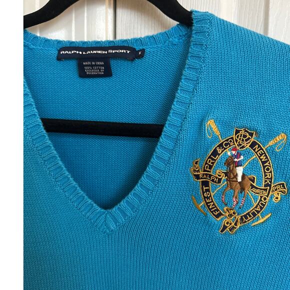 Vintage Ralph Lauren Sport Sweater V Neck Blue Crest Logo Cotton Knit Pullover - Picture 2 of 6